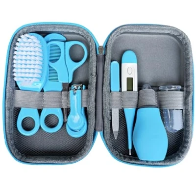 Image of Baby Grooming Kit, 8Pcs Healthcare And Newborn Essentials Thermometer Safe Nail Kit Hair Set Nursery Essential with Storage Case Blue