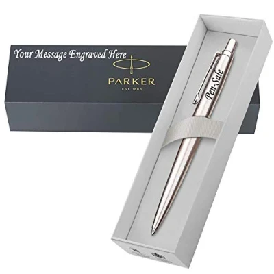 Image of Personalised Engraved Parker Jotter Steel Ballpoint Pen with Black Ink in a Classy Gift Box, for Anniversary, Christmas Enter Your Custom Text