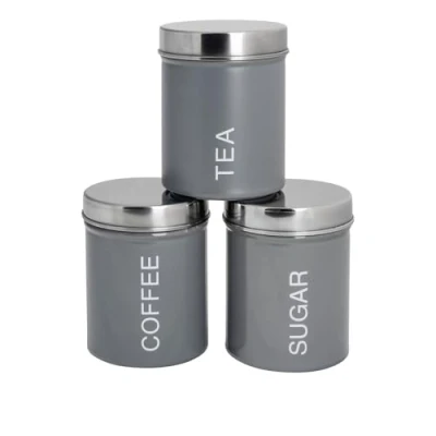 Image of Harbour Housewares Round Metal Tea Coffee Sugar Canisters Grey 3pc Set Retro Kitchen Storage Loose Beans Granulated Airtight Container Food Preserve Caddy with Lid
