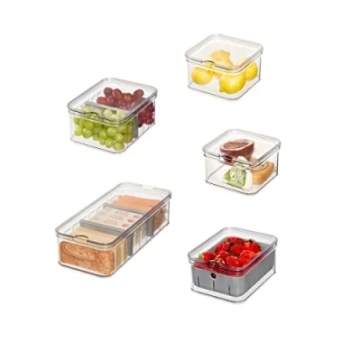 Image of InterDesign iDesign Crisp 5 Piece Recycled Plastic Refrigerator Organizer Bin Set with Lids, Clear/Gray