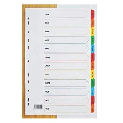 Image of A4 Divider 12 Part Printed Jan Dec Coloured Mylar Tabs Multi Punched White Ref 20274 Set (5)