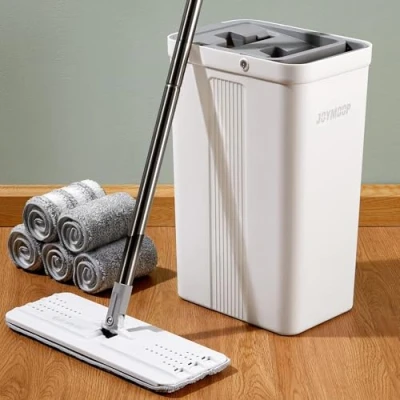 Image of JOYMOOP Mop and Bucket with Wringer Set, Flat Bucket, Wet Dry, Includes 5 Reusable Microfiber Pads, Ideal for Hardwood, Laminate Wood Flooring Tile Cleaning