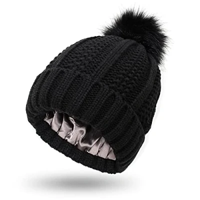 Image of Women Knitted Beanie with Satin Lining Pom Winter Warm Cap Bobble Hat (Black)