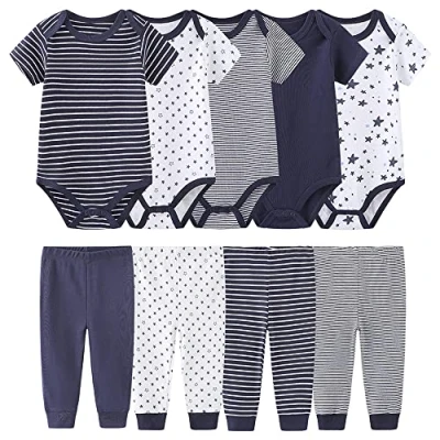Image of Chamie Newborn Baby Bodysuit Short sleeved One piece Pants vests 5 Pcs with Trousers 4 Pure Cotton Suitable for Boys and Girls 0 12M