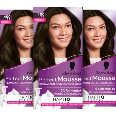 Image of Schwarzkopf Perfect Mousse Permanent Foam Colouration 400/4 0 Dark Brown (3 x 92.5 ml), Hair Colour with Grey Coverage, for Intensive Care and Radiant Shine