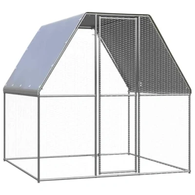 Image of vidaXL Chicken Cage Silver/Grey Galvanised Steel 2x2x2m with Water Resistant PE Roof &amp; Secure Lock for Outdoor Small Animal Enclosure