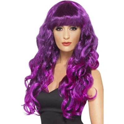 Image of Smiffys Siren Wig, Purple Long, Curly &amp; with Fringe, Ladies Glamour Wigs Fancy Dress, Adult Dress Up