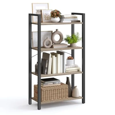 Image of VASAGLE 4 Tier Bookshelf, Bookcase, Shelving Unit, for Office, Study, Living Room, Bedroom, 30 x 66 120 cm, Industrial, Heather Greige and Ink Black LLS060B02