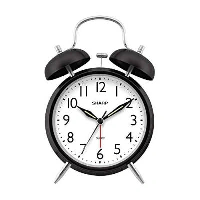 Image of Sharp Twin Bell Alarm Clock Loud Great for Heavy Sleepers Battery Operated Quartz Analog (Midnight Black)