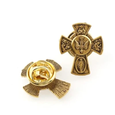 Image of Holy Spirit Four Way Cross Catholic Sacred Heart Joseph Miraculous Medal Metal Pin Badge Brooch (Gold)