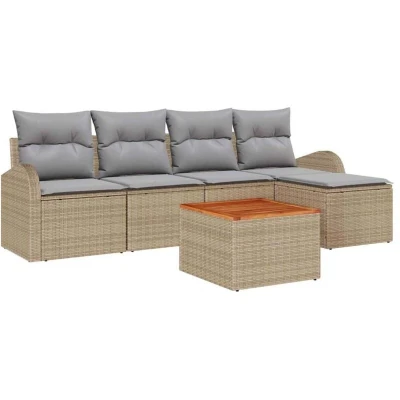 Image of vidaXL 6 Piece Garden Sofa Set with Cushions Beige Poly Rattan Acacia