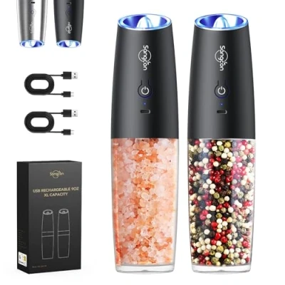 Image of Sangcon Gravity Electric Salt and Pepper Mill Set, 255g Large Capacity, USB Rechargeable Mill, with LED Light, One Handed Operation, Adjustable Coarseness, Automatic Grinding (Black)