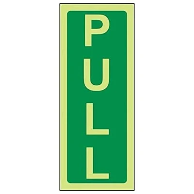 Image of V Safety Glow In The Dark Pull Door Sign 60mm x 150mm Rigid Plastic