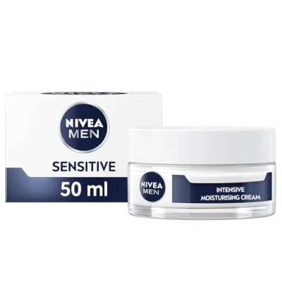 Image of NIVEA MEN Sensitive Intensive Moisturising Cream (50ml), Face Care Moisturiser with Chamomile &amp; Vitamin E for All Day Relief from Skin Irritation 48H Moisture, Ideal After Shaving