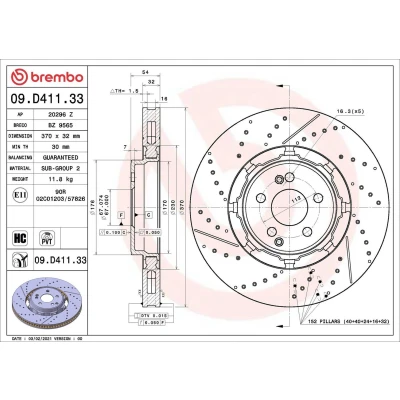 Image of 1674231000, A1674231000 brake disc BREMBO 09.D411.33 370mm 32mm 5 two part disc, internally vented, slotted/perforated Coated High carbon