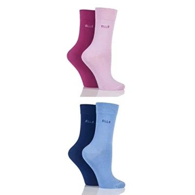 Image of Elle Ladies Bamboo Fibre Socks Plain, Striped &amp; Patterned Casual Day to in a Multipack of 4 Size 8 Indigo Sky/Magenta Pink