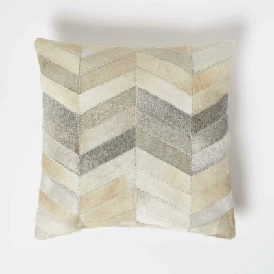 Image of HOMESCAPES Cream &amp; Grey Leather Cushion 45 x cm Chevron With Suede Reverse Real Modern Accent Pillow for Sofa Insert Included