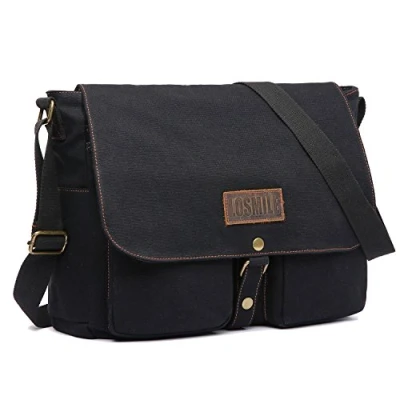 Image of LOSMILE 15.6&quot; Laptop Shoulder Bag, Men&#039;s Messenger Bags, Vintage Canvas Bag for School and Work, Satchel Large Size.(Black)