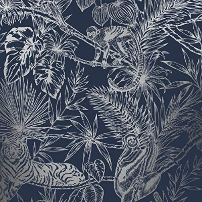 Image of Holden Decor Sumatran Navy Silver Wallpaper 65760 Metallic Tropical Palm Tiger