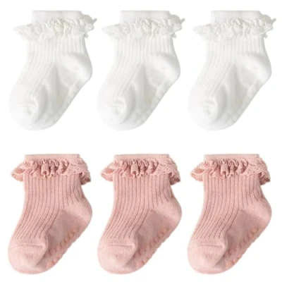 Image of DRESHOW Infant Ruffle Lace Socks Non slip Plain Frilly Newborn Baby Toddlers Girls Ankle Dress