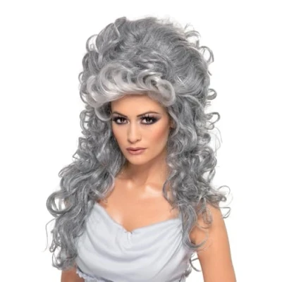 Image of Smiffys Medeia Witch Beehive Wig, Grey Long &amp; Curly with Top, Halloween Fancy Dress Accessory, Up Wigs