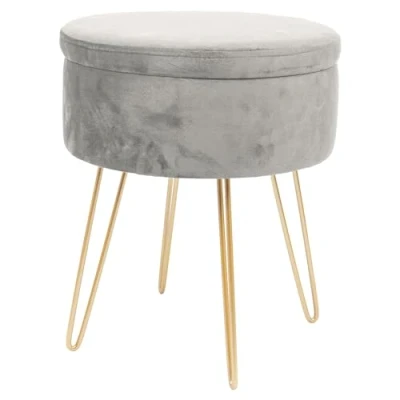 Image of Harbour Housewares 1x Grey/Gold H45 x D36cm Round Velvet Storage Footstool Living Room Dressing Table Ottoman Pouffe Chair Seat