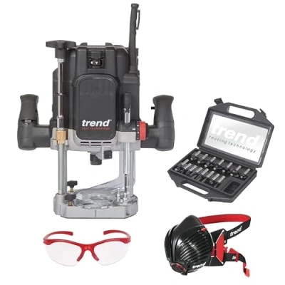 Image of Trend T14 Ultimate Routing Starter Set, T14EK Variable Speed Plunge Router (2300W, 1/2 Inch, 240V), 15 Piece Inch Cutter Dust Mask &amp; Safety Glasses, T14/START/SET