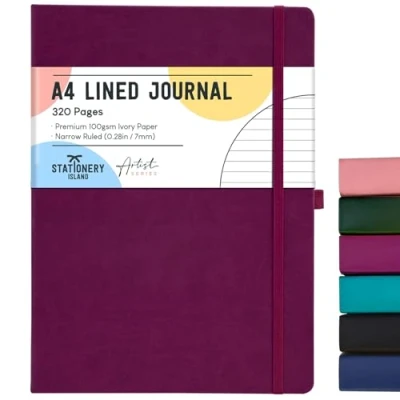 Image of STATIONERY ISLAND A4 Lined Notebook, 320 Pages Thick Journal Ruled Hardcover with 100gsm for Writing, Working, Studying, Diary, Berry