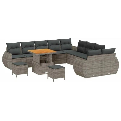 Image of vidaXL 13 Piece Garden Sofa Set with Cushions Grey Poly Rattan Acacia