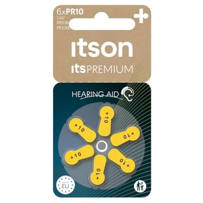Image of ITSON, zinc air battery for over ear and in hearing aid devices, pack of 6, plastic free packaging, PR230(10) IT/6RM