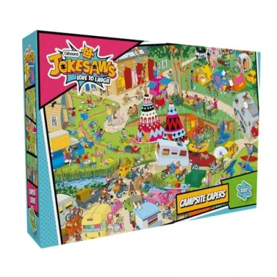 Image of Gibsons Jokesaws Campsite Capers 1000 Piece Jigsaw Puzzle Colourful Comedy Artwork Love to Laugh Sustainable for Adults Teens Premium 100% Recycled Board Great Gift Games