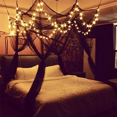 Image of 8 Corner Bed Canopy with 100 LED String Lights Battery Operated Netting Unique Style 4 Door Square Boys and Girls Bedroom Decor Halloween For Twin Full Queen King (Black)