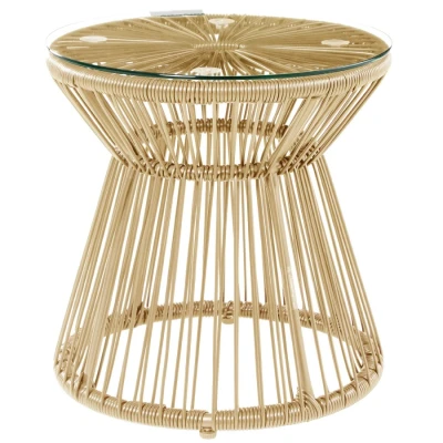 Image of Outsunny Outdoor Coffee Table, Round PE Rattan Side Table with Tempered Glass Top, Hollow Drum Design for Garden, Balcony, Patio, Natural