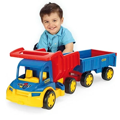 Image of Wader 65100 Truck Gigant Tipper with Lockable Trough and Trailer, from 12 Months, can Hold up to 150 kg or 60 kg, Approx. 42&quot;, Blue/red, Standard