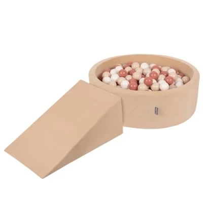 Image of KiddyMoon Foam Playground Velvet For Kids With Round Ballpit (100 Balls ∅ 7Cm/2.75In) Soft Obstacles Course And Ball Pool, Sand Beige: Pastel Beige/Salmon/White