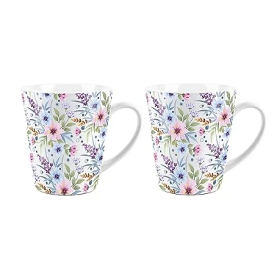 Image of Blue and Purple Floral Small Latte Mugs Set Ceramic White Tea/Coffee Present Gift of 2