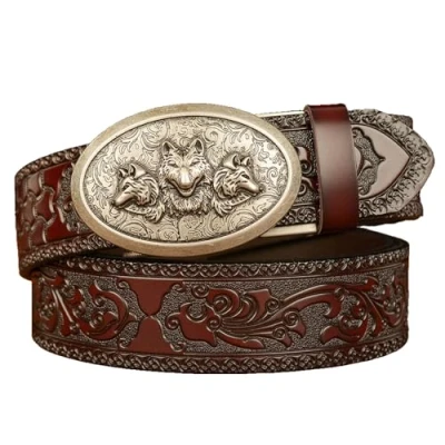 Image of Men&#039;s Belts Leather Ratchet, Western Cowboy Belt for Men with Wolf Head Oval Alloy Buckle Embossed Belt,Brown B,115CM/45.3&#039;&#039;
