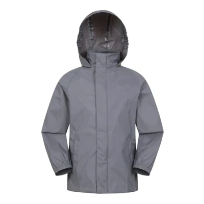 Image of Mountain Warehouse Pakka Kids Waterproof Jacket Wind Resistant, Lightweight,Breathable Rain Coat for Girls &amp; Boys, Packaway Bag Rain, Autumn, Winter Grey Teen Size 13 Years