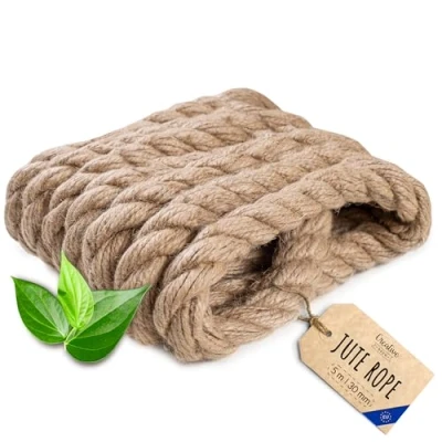 Image of Creative Deco Thick Heavy Duty Jute Rope Natural Brown 5m x 30mm Twisted Hemp Perfect Twine Decking Cord for Cat, Arts &amp; Crafts, Garden, Hammock, Swing, DIY Strong Durable String