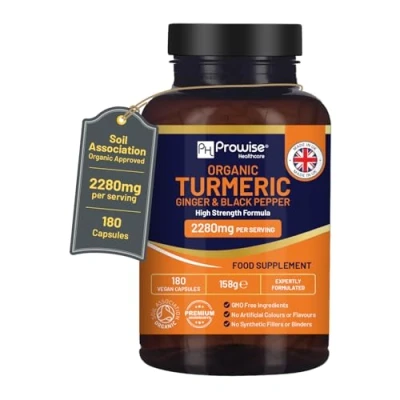 Image of Organic Turmeric 2280mg (High Strength) with Black Pepper &amp; Ginger 180 Vegan Capsules Active Ingredient Curcumin I Soil Association Approved UK Made by Prowise Healthcare