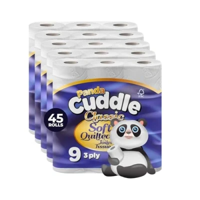 Image of Panda Cuddle 3‑Ply Quilted Toilet Paper Luxuriously Soft, Gentle and Hypoallergenic Sustainable Rolls Family Value Pack of 45 Rolls, FSC‑Certified Bulk Bathroom Tissue, Unscented