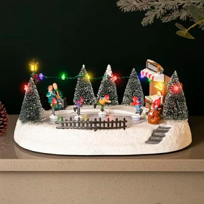 Image of Marco Paul Christmas Decorations Ice Skating Rink Light Up Ornaments Novelty Animated Village Window Ornament LED