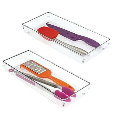 Image of iDesign 52660M2 Linus Organiser Tray, Large Plastic Drawer Insert, Pack of 2 Accessories Boxes, Clear