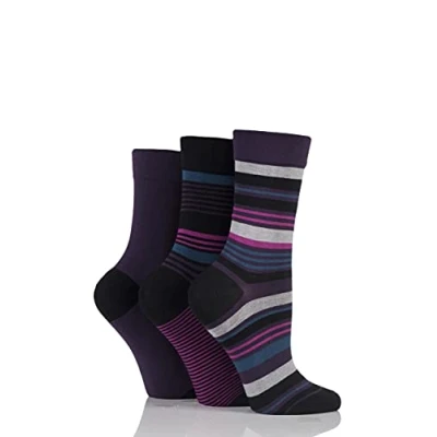 Image of 3 Pair Purple Raven Gentle Bamboo Socks with Smooth Toe Seams in Plains and Stripes Ladies 4 8 SOCKSHOP