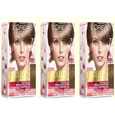 Image of 3x l’Oréal Excellence Crème 7.1 ash blonde dye for hair, colouring