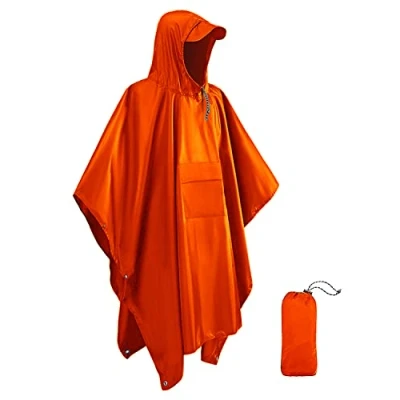 Image of Victoper Waterproof Poncho Adult, Lightweight Reusable Rain Adult for Outdoor Hiking Camping Cycling Traveling Raincoat with Emergency Grommet Corners Orange
