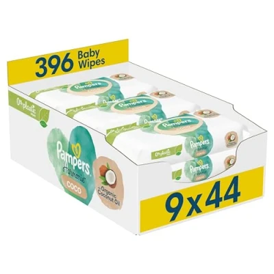 Image of Pampers Harmonie Coco Baby Wipes Plastic Free 9 Packs of 44, 396 Wet Wipes, with Coconut Oil to Moisturize &amp; Protect Delicate Skin