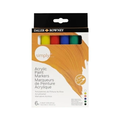 Image of Daler Rowney Simply Acrylic Marker Pen Set, 6 x Assorted Colours, Multi Surface, Water Based, 2 3mm Tip, Ideal for Entry Level Artists &amp; Hobbyists