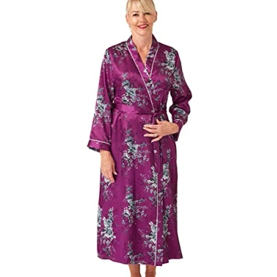 Image of Marlon Womens Vara Piped Floral Printed Satin Long Robe, Fuchsia, 18 20