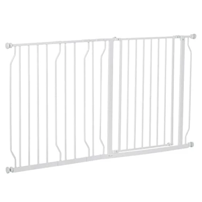 Image of PawHut Dog Gate Wide Stair w/ Door Pressure Fit Pets Barrier for Doorway, Hallway, 76H x 75 145W cm White